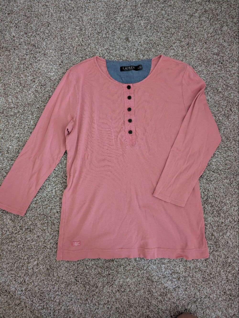 Lauren Ralph Lauren Dusty Pink Button-Front Henley 3/4 Sleeve Top Sz L